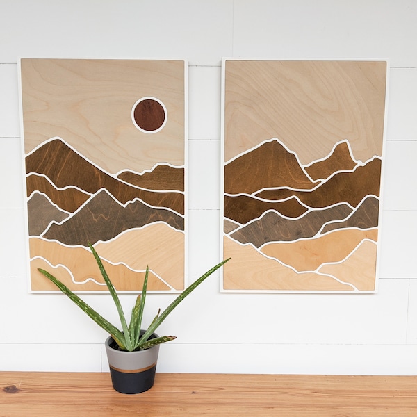 Two-Paneled Mountain Wood Art | Layered Mountains Wall Art | Desert Scene Wood Art | Earth Tone Mountain Wall Art | Rectangle Mountain Scene