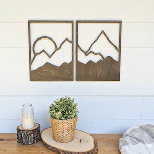 Geometrische Berg Sonnenuntergang Holzwand Kunst - 2er-Set