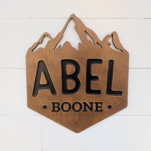 Wooden Name Sign Mountains | 1/2&quot; thick with epoxy resin inlay | Mountains Nursery Wall Art | 3D Name Sign