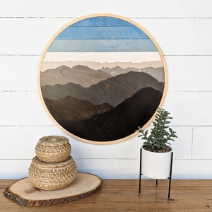 Round Mountain Wood Art | Layered Mountains Wall Art