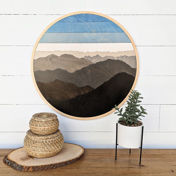 Round Mountain Wood Art | Layered Mountains Wall Art, Living Room Scene