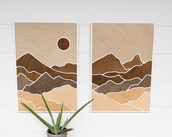 Two-Paneled Mountain Wood Art | Layered Mountains Wall Art | Desert Scene Wood Art | Earth Tone Mountain Wall Art | Rectangle Mountain Scene