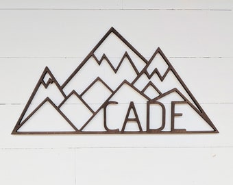 Baby Name Geometric Mountains wall hanging | Geometric woodland theme mountain decor| Adventure Themed Nursery