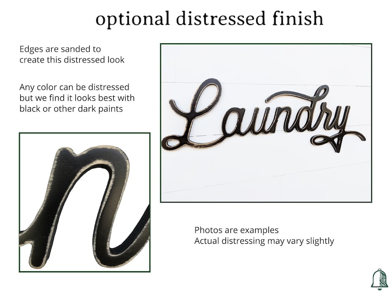 May include: A black metal "Laundry" sign with a distressed finish, mounted on a white background. The sign's edges are sanded for a worn look. The image also shows a close-up of the letter "n" with the distressed finish. The text says "optional distressed finish".