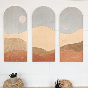 Three-Panel Desert Mountain Wood Wall Art: Earth Tones Boho Decor