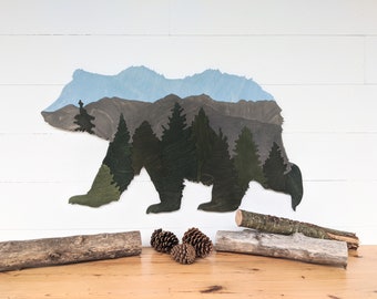 Wooden Bear Wall Decor with Forrest and Mountain Landscape | Bear shaped forrest scene |  Modern Bear | Bear Mountain Scene | Wood Montage