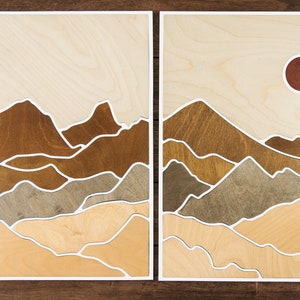 Two-Paneled Mountain Wood Art Layered Mountains Wall Art Desert Scene Wood Art Earth Tone Mountain Wall Art Rectangle Mountain Scene image 3