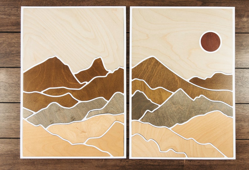 Two-Paneled Mountain Wood Art Layered Mountains Wall Art Desert Scene Wood Art Earth Tone Mountain Wall Art Rectangle Mountain Scene image 3