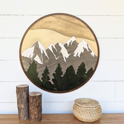 Round Mountain Wood Art Layered Mountains Wall Art Etsy