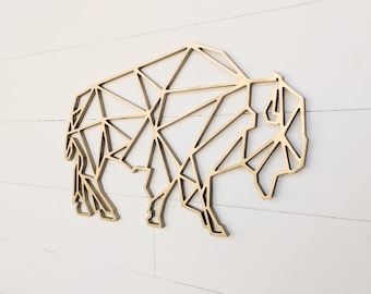 Geometric Bison Wood Wall Art: Wildlife Buffalo Decor