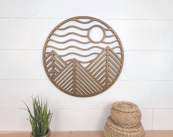 Geometric Mountain Wooden Wall Art: Three Peaks Circle Decor