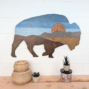 Wooden Bison Wall Decor: Mountain Sunset Scene