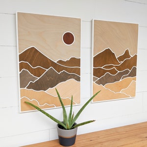 Two-Paneled Mountain Wood Art Layered Mountains Wall Art Desert Scene Wood Art Earth Tone Mountain Wall Art Rectangle Mountain Scene image 5