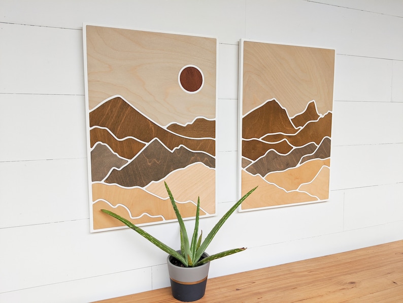 Two-Paneled Mountain Wood Art Layered Mountains Wall Art Desert Scene Wood Art Earth Tone Mountain Wall Art Rectangle Mountain Scene image 5