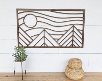 Geometric Mountain Wall Hanging | Modern Mountain Wall Decor | Linear Wooden Mountain Wall Art