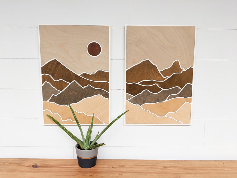 Two-Paneled Mountain Wood Art Layered Mountains Wall Art Desert Scene Wood Art Earth Tone Mountain Wall Art Rectangle Mountain Scene image 1