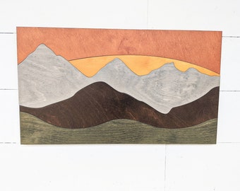 Mountain Wood Montage | 5 Color Wood Wall Art | Mountain Wall Art | Mountain with Sunset Wall Decor | Wooden Mountain Decor