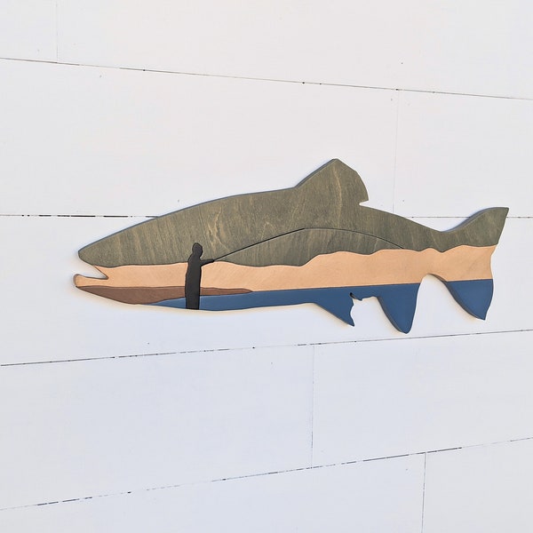 Wooden Trout Fish wall decor | Fish shaped fishing scene | Fishing Decor | Man Cave