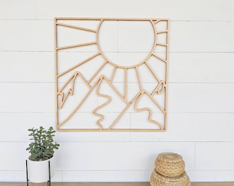 Geometric Mountain Wall Hanging | Modern Mountain Wall Decor | Wooden Mountain Wall Art with Sun