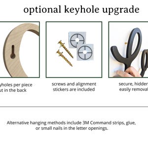 May include: Image showing an optional keyhole upgrade for wall decor. Includes close-ups of keyholes, screws, alignment stickers, and a demonstration of secure, hidden, and easily removable hanging. Text reads: "optional keyhole upgrade".