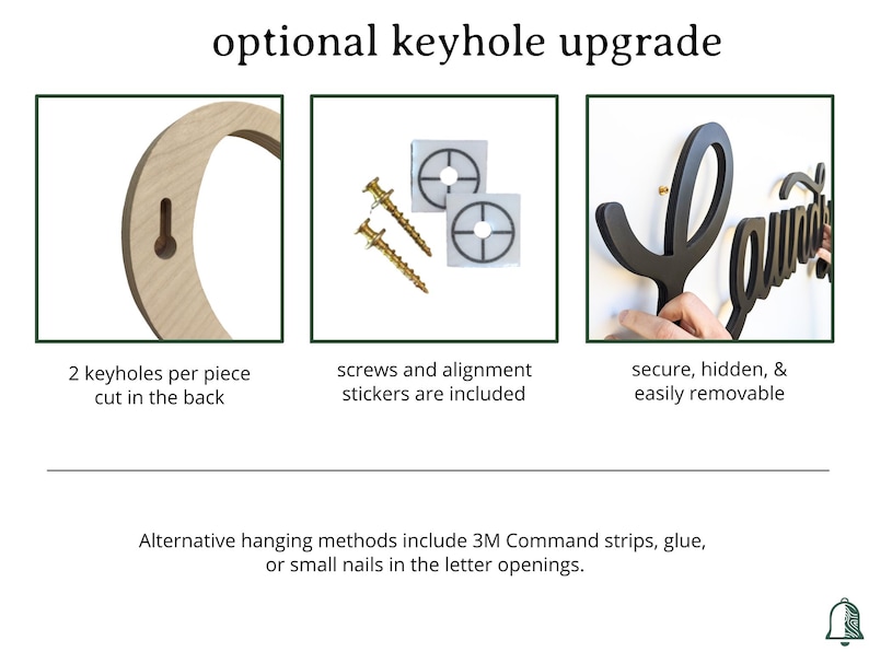 May include: Image showing an optional keyhole upgrade for wall decor. Includes close-ups of keyholes, screws, alignment stickers, and a demonstration of secure, hidden, and easily removable hanging. Text reads: "optional keyhole upgrade".