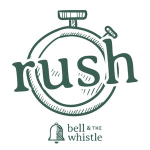 May include: A green and white illustration of a stopwatch with the word "rush" written inside the face of the stopwatch. Below the stopwatch is a bell and the text "bell & the whistle".