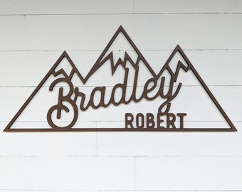 Mountain Name Sign wall hanging | woodland theme mountain decor| Mountain range wall decor | Adventure Awaits