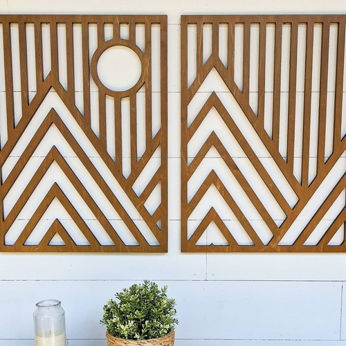 Geometric Mountains Landscape With Sunset Wooden Mountains Etsy