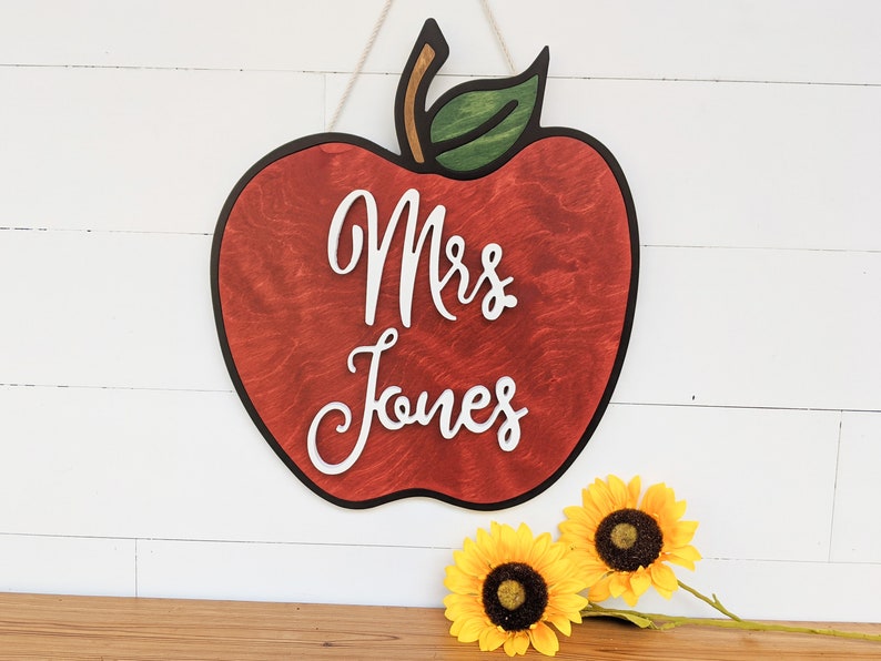 Teacher Apple Sign Teacher Gift Custom Name Teacher Sign Back to School Gift Teacher Gift Handmade Teacher Gift image 1