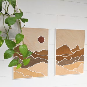 Two-Paneled Mountain Wood Art Layered Mountains Wall Art Desert Scene Wood Art Earth Tone Mountain Wall Art Rectangle Mountain Scene image 4