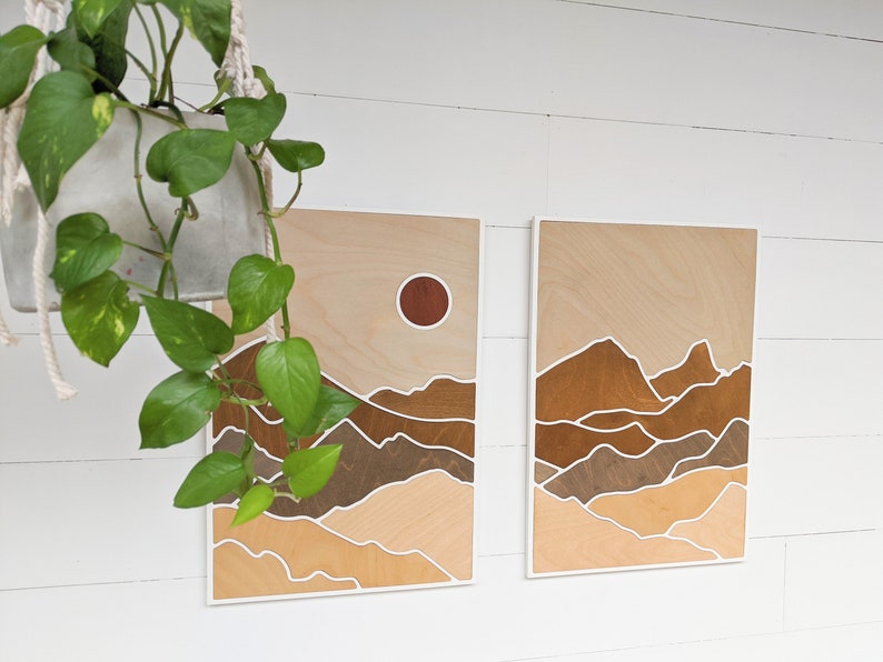 Two-Paneled Mountain Wood Art Layered Mountains Wall Art Desert Scene Wood Art Earth Tone Mountain Wall Art Rectangle Mountain Scene image 4