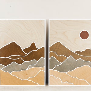 Two-Paneled Mountain Wood Art Layered Mountains Wall Art Desert Scene Wood Art Earth Tone Mountain Wall Art Rectangle Mountain Scene image 2