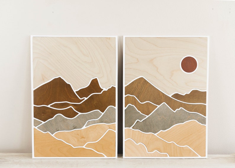 Two-Paneled Mountain Wood Art Layered Mountains Wall Art Desert Scene Wood Art Earth Tone Mountain Wall Art Rectangle Mountain Scene image 2