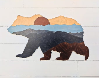 Wooden Bear wall decor with Mountain Sunset | Bear shaped Mountains scene |  Modern Bear | Boho Bear Sign | Great Smoky Mountains
