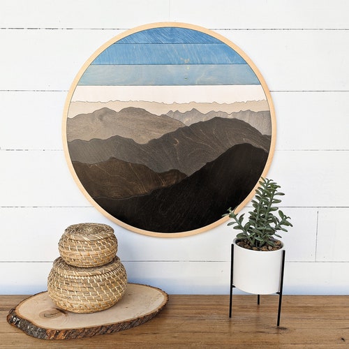 Round Mountain Wood Art Abstract Wood Mountain Wall Art Etsy