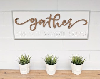 Gather Here with Grateful Hearts | Kitchen Sign | Dining Room Sign | Kitchen Decor | Entryway Wall Sign
