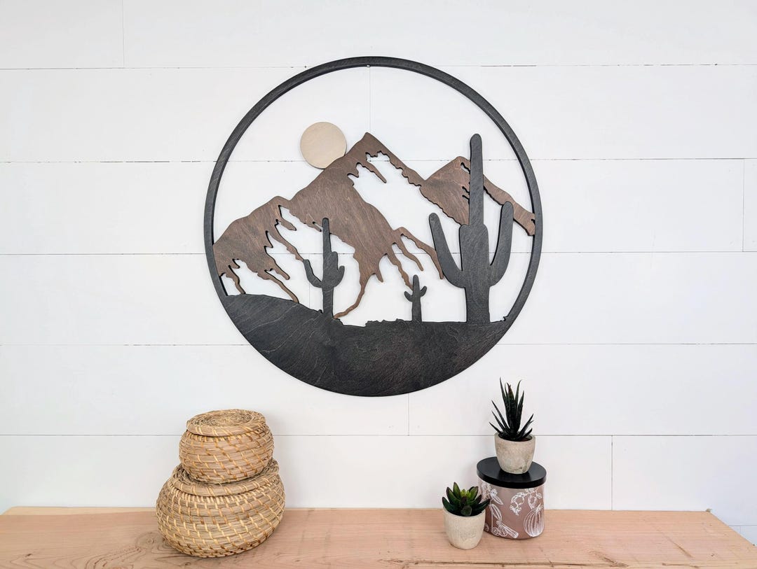 Southwestern Desert Mountain Landscape Wood Wall Art: Cactus Scene Boho ...
