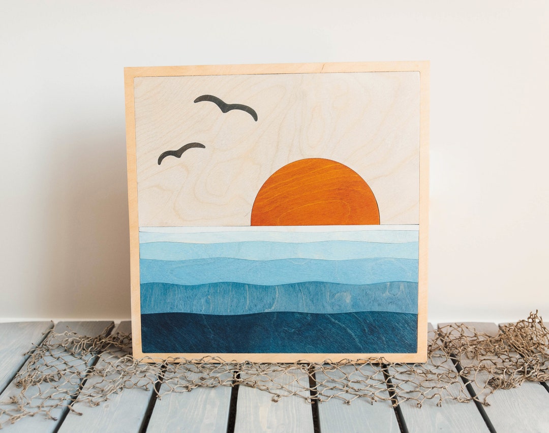 Sunset Beach Wooden Wall Decor Modern Wooden Beach Scene Modern Boho