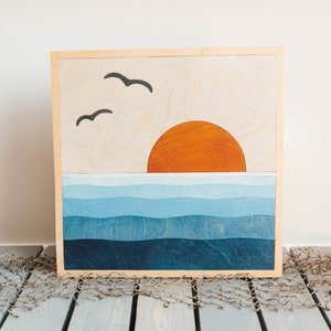 Wooden Sunset Beach Wall Decor: Modern Ocean Art