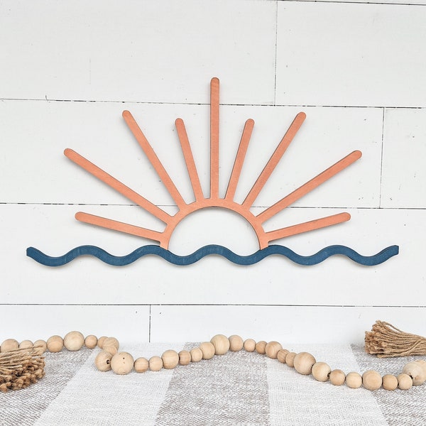 Coucher de soleil avec des vagues | Art mural en bois Lever de soleil sur l'océan | Art mural vagues | Décoration murale de plage | Plage