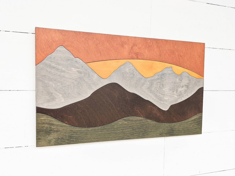 Mountain Wood Montage 5 Color Wood Wall Art Mountain Wall Art Mountain with Sunset Wall Decor Wooden Mountain Decor image 3