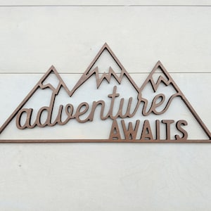 Adventure Awaits Mountains wall hanging | woodland theme mountain decor| Mountain range wall decor available in 4 sizes | Adventure Awaits