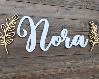 Baby Girl Nursery sign with Leaves, Baby name cutout, girls nursery, baby name sign, kids room decor, above crib name sign