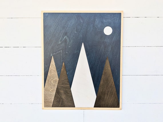 Layered Wood Mountain Wall Art | Night Sky and Moon Decor