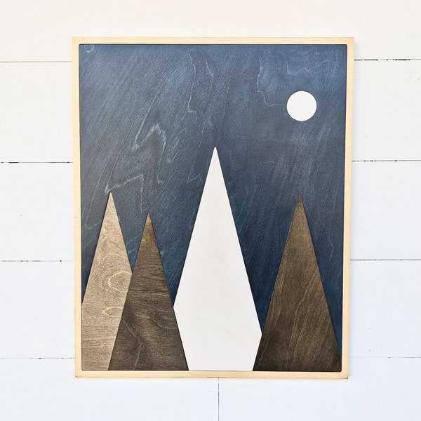 Modern Mountain Wood Art | Layered Mountains Wall Art | Night Sky Mountain Art With Moon | Moon Mountain