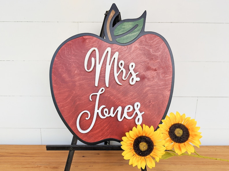 Teacher Apple Sign Teacher Gift Custom Name Teacher Sign Back to School Gift Teacher Gift Handmade Teacher Gift image 2