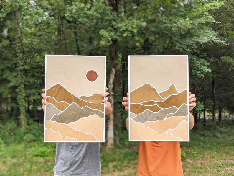 Two-Paneled Mountain Wood Art Layered Mountains Wall Art Desert Scene Wood Art Earth Tone Mountain Wall Art Rectangle Mountain Scene image 6