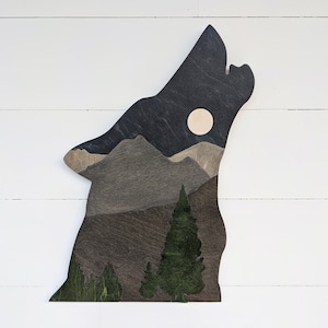 Wooden Wolf Wall Decor: Moonrise Mountain Scene, Living Room Scene