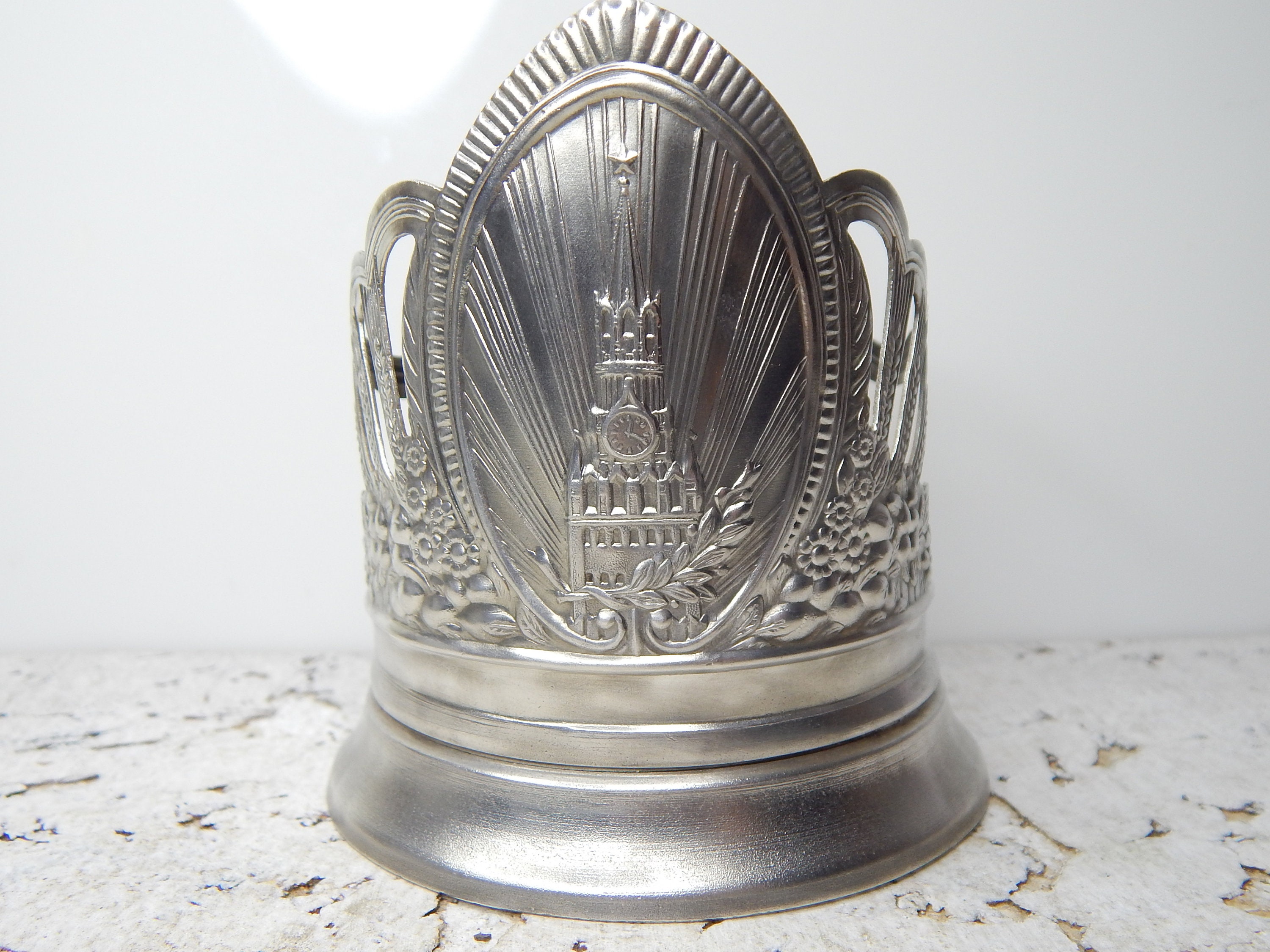 Vintage tea Cup Holder with Glass USSR Gold Tone Podstakannik
