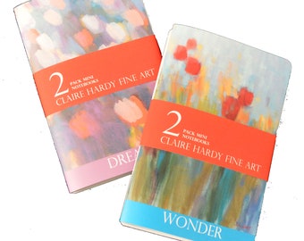 May include: Two mini notebooks with colorful abstract art covers. The covers feature the text "Claire Hardy Fine Art" and the titles "Dream" and "Wonder".